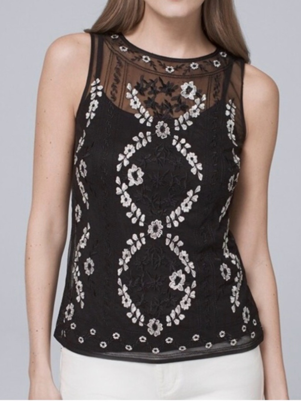 Sleeveless Mesh Embroidered Top